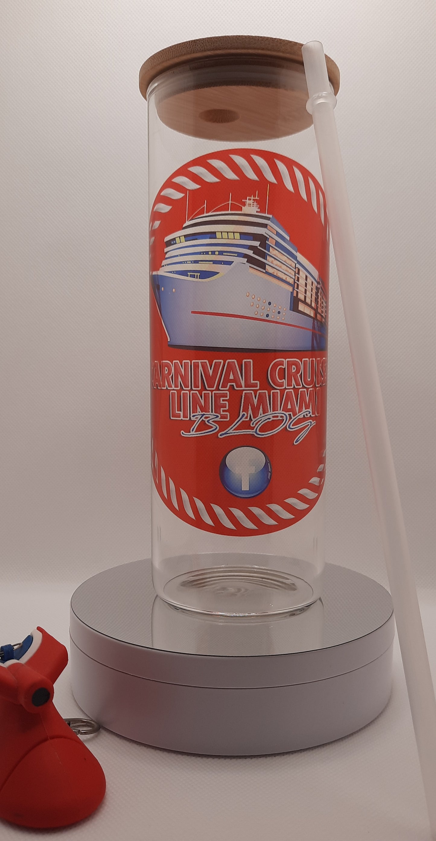 20 Oz Glass Tumbler CCL Miami Blog with Bamboo Lid for drinks or beer.