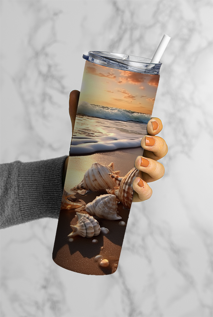 20 OZ Beach Custom Tumbler with Straw, Beach and Shells, Sublimation tumblers