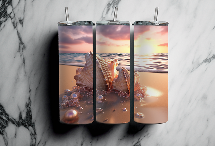 20 OZ Beach Custom Tumbler with Straw, Beach and Shells, Sublimation tumblers