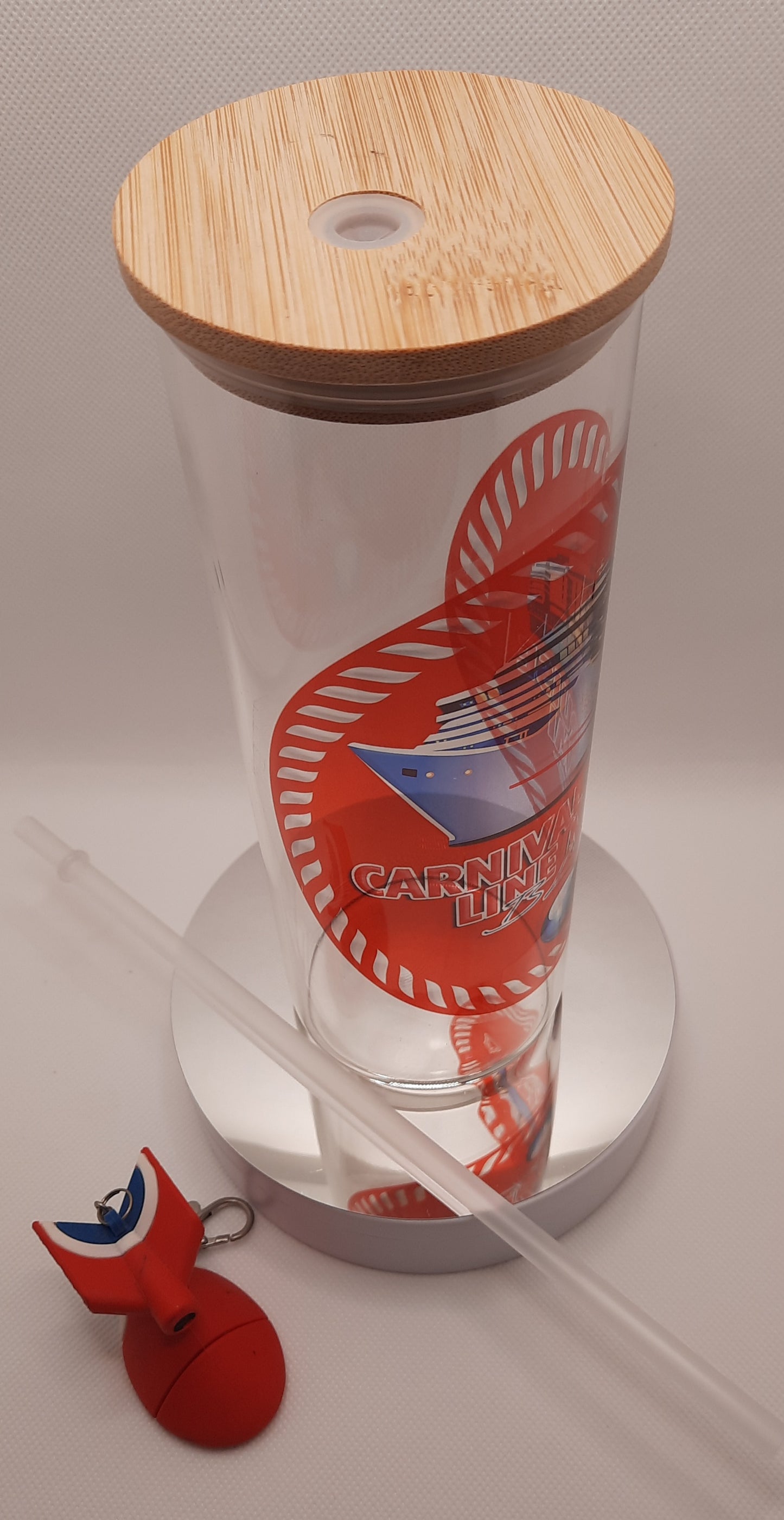 20 Oz  Glass Tumbler CCL Miami Blog with Bamboo Lid for drinks or beer.